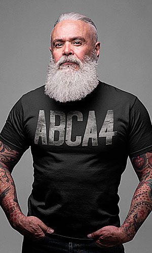 A man with tattoos wearing a black shirt with ABCA4