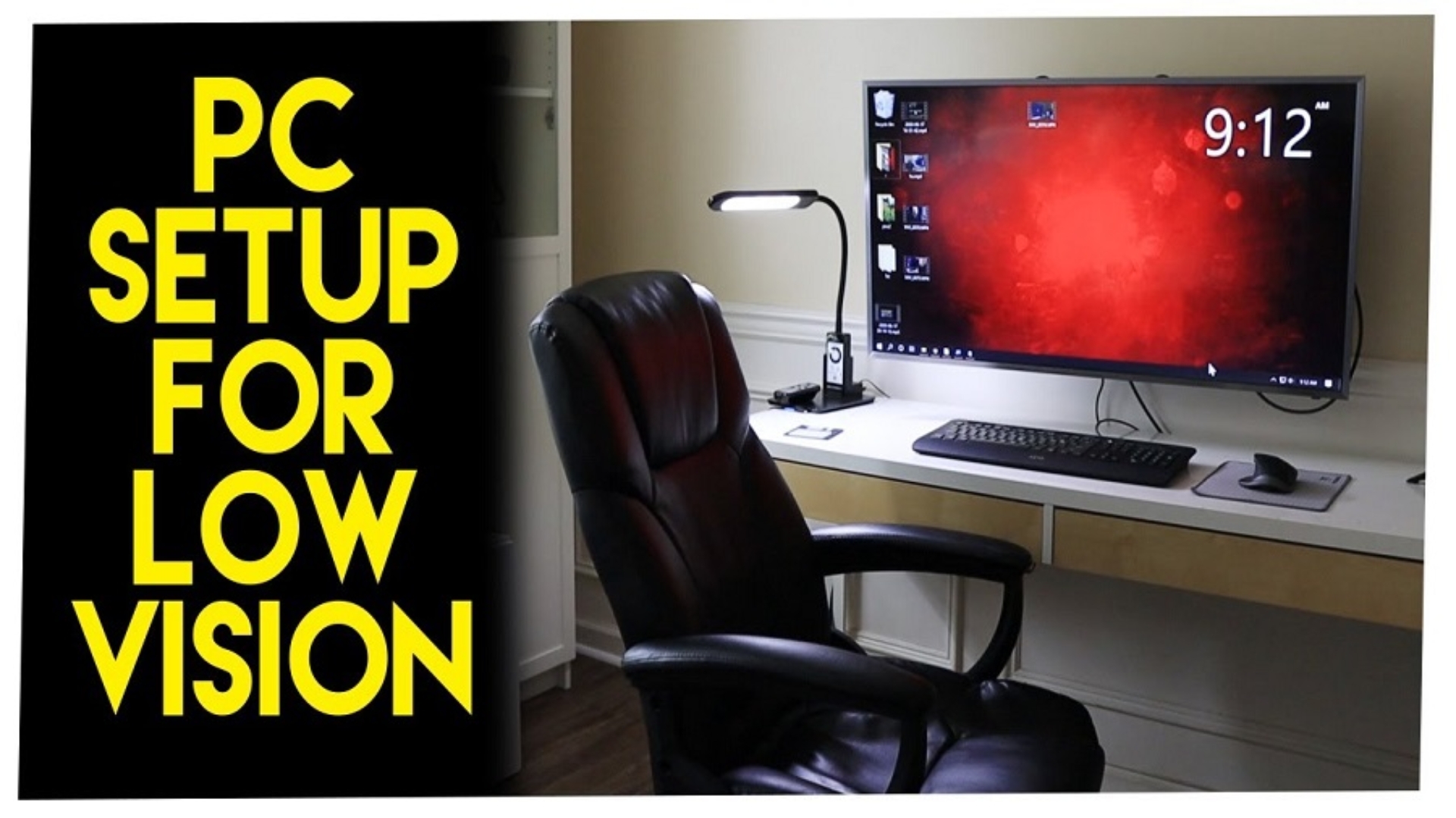 a computer on a desk with caption, PC Setup For Low Vision